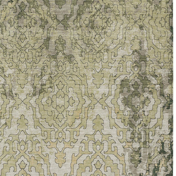 Homeroots 3' Artichoke Green And Beige Medallion Washable Area Rug For Indoor And Outdoor Spaces, Durable Design 10' X 14' Polyester 590117