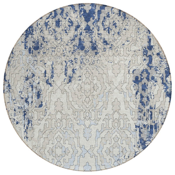HomeRoots 5' Stylish Medallion Indoor Outdoor Area Rug in Navy, Beige & Sky Blue – Durable, Washable & Versatile 8' Round 590120
