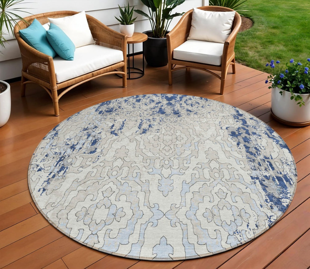 HomeRoots 5' Stylish Medallion Indoor Outdoor Area Rug in Navy, Beige & Sky Blue – Durable, Washable & Versatile 8' Round 590120