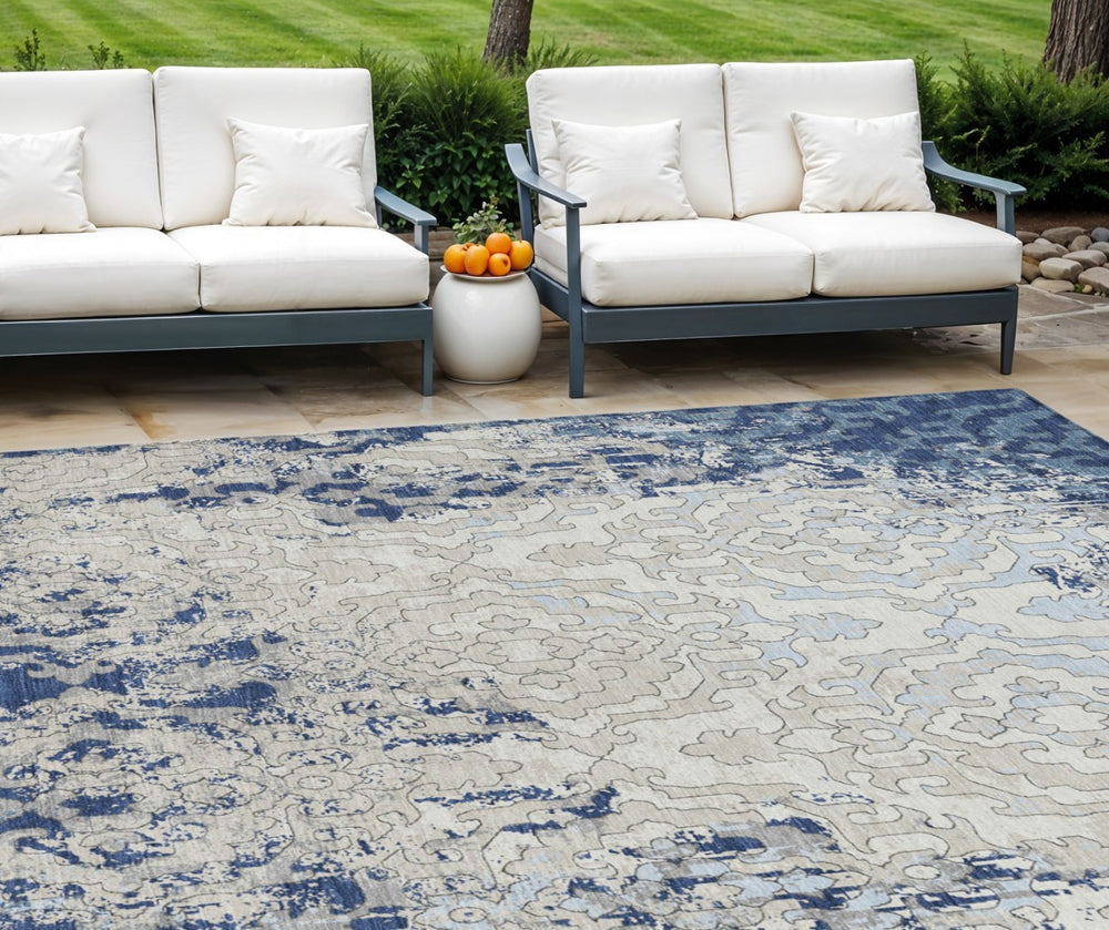 HomeRoots 9' Navy Blue Medallion Area Rug - Washable Indoor/Outdoor Design for Timeless Style & Durability 9' X 12' 590122