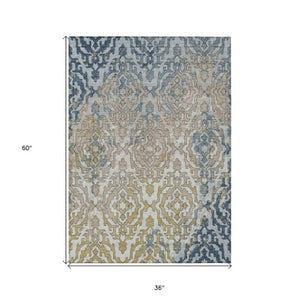 Homeroots 3' Artichoke Green And Beige Medallion Washable Area Rug For Indoor And Outdoor Spaces, Durable Design 3' X 5' Polyester 590124