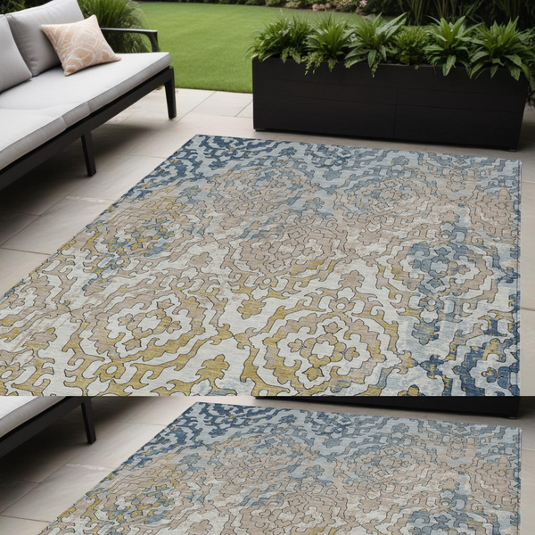 Homeroots 3' Artichoke Green And Beige Medallion Washable Area Rug For Indoor And Outdoor Spaces, Durable Design 5' X 8' Polyester 590125