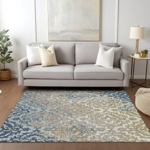 Homeroots 3' Artichoke Green And Beige Medallion Washable Area Rug For Indoor And Outdoor Spaces, Durable Design 5' X 8' Polyester 590125