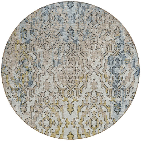 Homeroots 3' Artichoke Green And Beige Medallion Washable Area Rug For Indoor And Outdoor Spaces, Durable Design 8' Round Polyester 590126