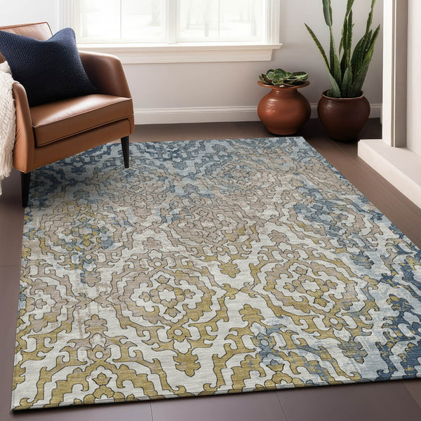 Homeroots 3' Artichoke Green And Beige Medallion Washable Area Rug For Indoor And Outdoor Spaces, Durable Design 9' X 12' Polyester 590128