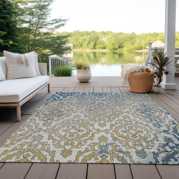 Homeroots 3' Artichoke Green And Beige Medallion Washable Area Rug For Indoor And Outdoor Spaces, Durable Design 10' X 14' Polyester 590129