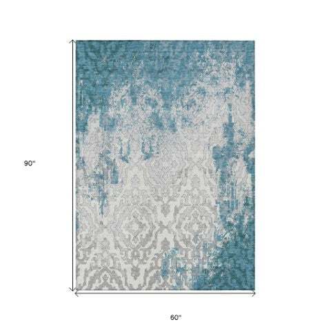 Homeroots 3' Artichoke Green And Beige Medallion Washable Area Rug For Indoor And Outdoor Spaces, Durable Design 5' X 8' Polyester 590131