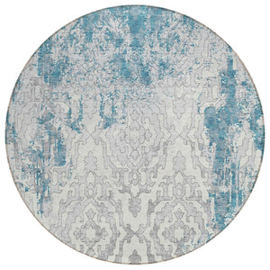 HomeRoots 5' Teal Blue Gray Ivory Medallion Washable Area Rug for Indoor or Outdoor High-Traffic Spaces 8' Round 590132