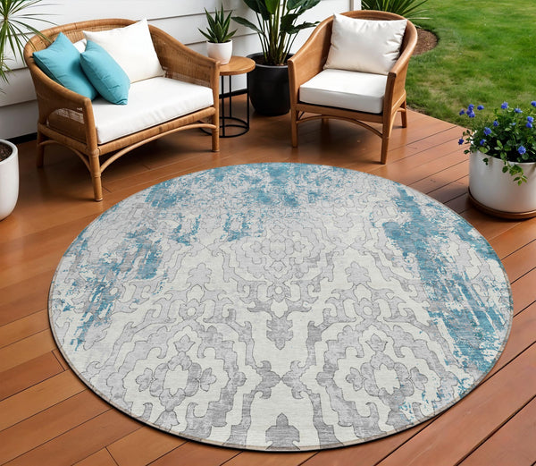 Homeroots 3' Artichoke Green And Beige Medallion Washable Area Rug For Indoor And Outdoor Spaces, Durable Design 8' Round Polyester 590132