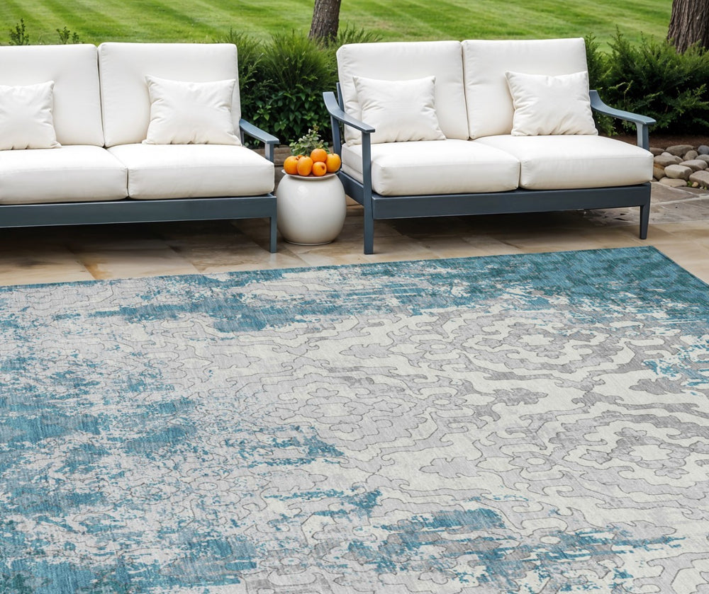 HomeRoots 5' Teal Blue Gray Ivory Medallion Washable Area Rug for Indoor or Outdoor High-Traffic Spaces 10' X 14' 590135
