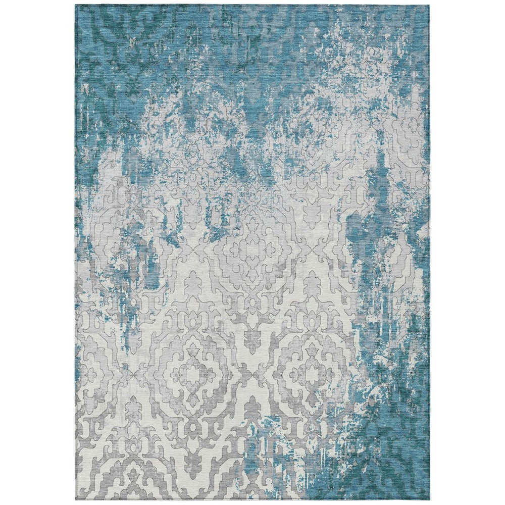 HomeRoots 5' Teal Blue Gray Ivory Medallion Washable Area Rug for Indoor or Outdoor High-Traffic Spaces 10' X 14' 590135