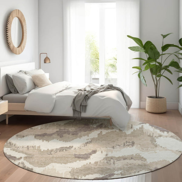 Homeroots 3' Stylish Beige Brown And Ivory Abstract Washable Area Rug For Indoor And Outdoor Spaces 8' Round Polyester 590138