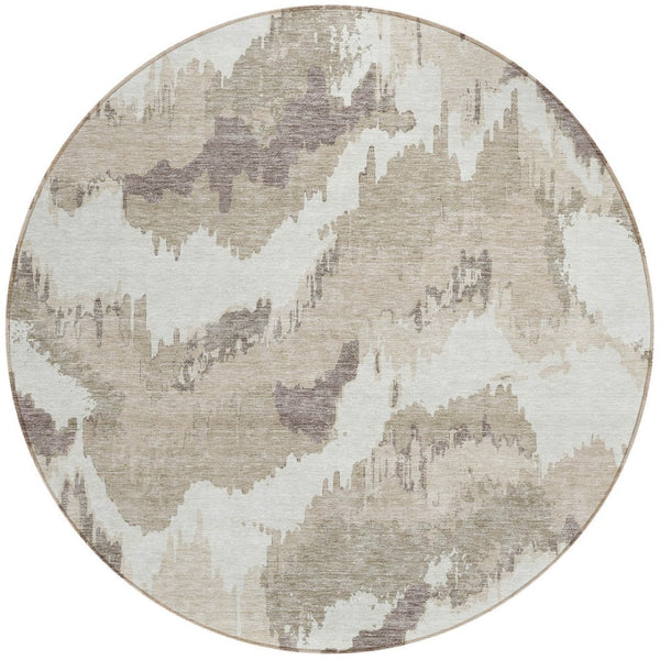 Homeroots 3' Stylish Beige Brown And Ivory Abstract Washable Area Rug For Indoor And Outdoor Spaces 8' Round Polyester 590138