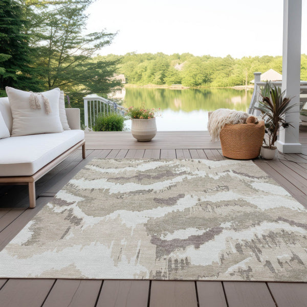 Homeroots 3' Stylish Beige Brown And Ivory Abstract Washable Area Rug For Indoor And Outdoor Spaces 9' X 12' Polyester 590140