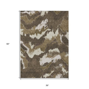 Homeroots 3' Stylish Beige Brown And Ivory Abstract Washable Area Rug For Indoor And Outdoor Spaces 3' X 5' Polyester 590148
