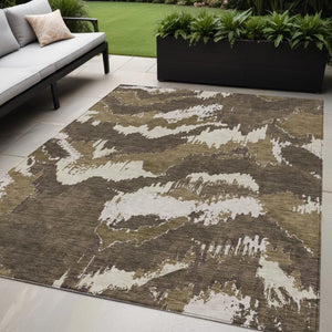 Homeroots 3' Stylish Beige Brown And Ivory Abstract Washable Area Rug For Indoor And Outdoor Spaces 5' X 8' Polyester 590149