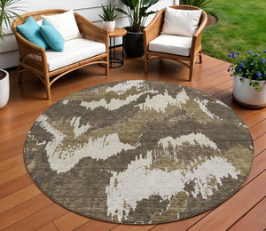 Homeroots 3' Stylish Beige Brown And Ivory Abstract Washable Area Rug For Indoor And Outdoor Spaces 8' Round Polyester 590150
