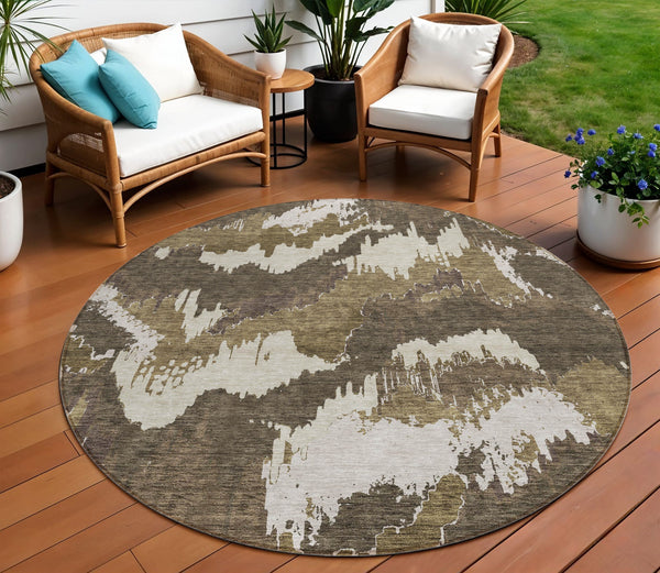 Homeroots 3' Stylish Beige Brown And Ivory Abstract Washable Area Rug For Indoor And Outdoor Spaces 8' Round Polyester 590150
