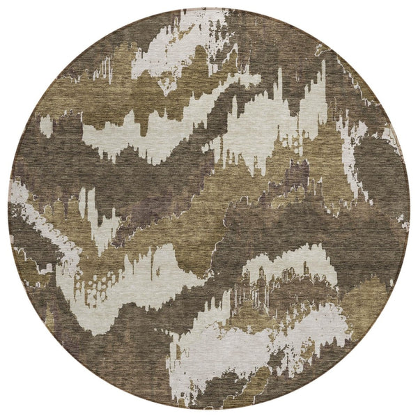 HomeRoots 5' Abstract Brown Beige Taupe Washable Indoor Outdoor Area Rug for Stylish High-Traffic Spaces 8' Round 590150