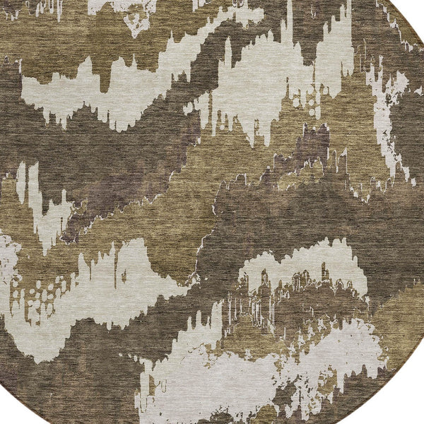 Homeroots 3' Stylish Beige Brown And Ivory Abstract Washable Area Rug For Indoor And Outdoor Spaces 8' Round Polyester 590150