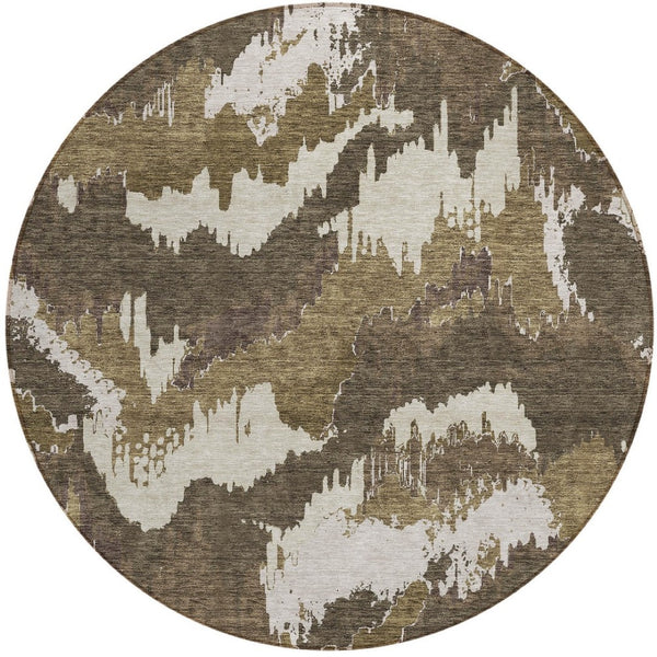 Homeroots 3' Stylish Beige Brown And Ivory Abstract Washable Area Rug For Indoor And Outdoor Spaces 8' Round Polyester 590150