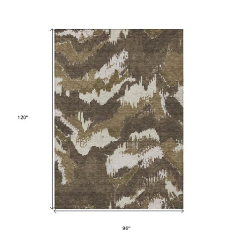 Homeroots 3' Stylish Beige Brown And Ivory Abstract Washable Area Rug For Indoor And Outdoor Spaces 8' X 10' Polyester 590151