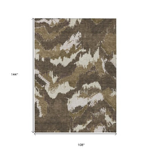 Homeroots 3' Stylish Beige Brown And Ivory Abstract Washable Area Rug For Indoor And Outdoor Spaces 9' X 12' Polyester 590152