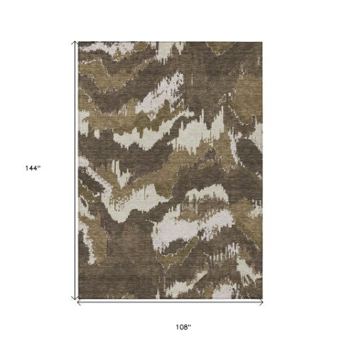 Homeroots 3' Stylish Beige Brown And Ivory Abstract Washable Area Rug For Indoor And Outdoor Spaces 9' X 12' Polyester 590152