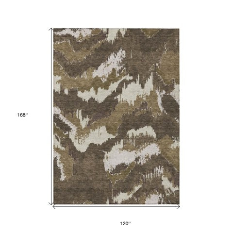 Homeroots 3' Stylish Beige Brown And Ivory Abstract Washable Area Rug For Indoor And Outdoor Spaces 10' X 14' Polyester 590153