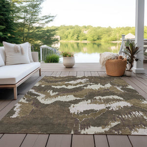 Homeroots 3' Stylish Beige Brown And Ivory Abstract Washable Area Rug For Indoor And Outdoor Spaces 10' X 14' Polyester 590153