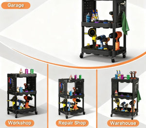 English Elm Capacity Three Tier Plastic Rolling Workshop Cart with Hooks Side Shelves Garage T3971P412729