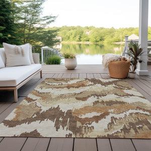 Homeroots 3' Stylish Beige Brown And Ivory Abstract Washable Area Rug For Indoor And Outdoor Spaces 3' X 5' Polyester 590160