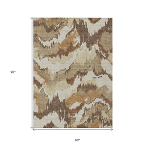 Homeroots 3' Stylish Beige Brown And Ivory Abstract Washable Area Rug For Indoor And Outdoor Spaces 5' X 8' Polyester 590161