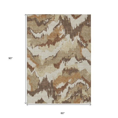 Homeroots 3' Stylish Beige Brown And Ivory Abstract Washable Area Rug For Indoor And Outdoor Spaces 5' X 8' Polyester 590161