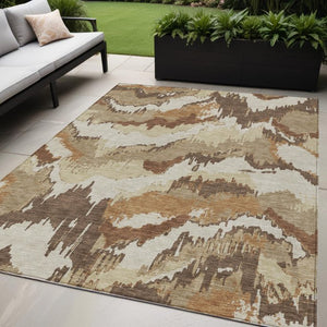 Homeroots 3' Stylish Beige Brown And Ivory Abstract Washable Area Rug For Indoor And Outdoor Spaces 5' X 8' Polyester 590161
