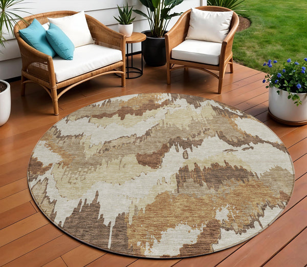Homeroots 3' Stylish Beige Brown And Ivory Abstract Washable Area Rug For Indoor And Outdoor Spaces 8' Round Polyester 590162