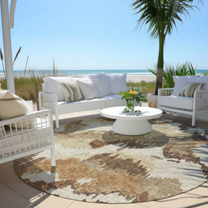 Homeroots 3' Stylish Beige Brown And Ivory Abstract Washable Area Rug For Indoor And Outdoor Spaces 8' Round Polyester 590162