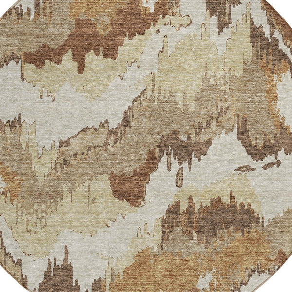 Homeroots 3' Stylish Beige Brown And Ivory Abstract Washable Area Rug For Indoor And Outdoor Spaces 8' Round Polyester 590162