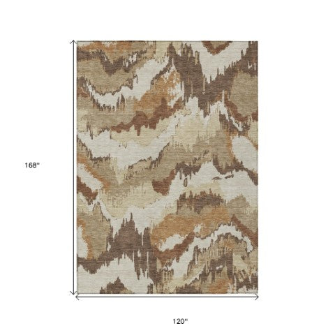 Homeroots 3' Stylish Beige Brown And Ivory Abstract Washable Area Rug For Indoor And Outdoor Spaces 10' X 14' Polyester 590165