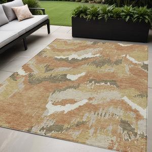 Homeroots 3' Stylish Beige Brown And Ivory Abstract Washable Area Rug For Indoor And Outdoor Spaces 5' X 8' Polyester 590167