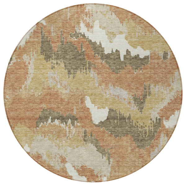 Homeroots 3' Stylish Beige Brown And Ivory Abstract Washable Area Rug For Indoor And Outdoor Spaces 8' Round Polyester 590168