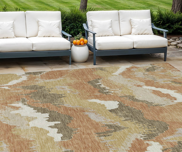 Homeroots 3' Stylish Beige Brown And Ivory Abstract Washable Area Rug For Indoor And Outdoor Spaces 8' X 10' Polyester 590169