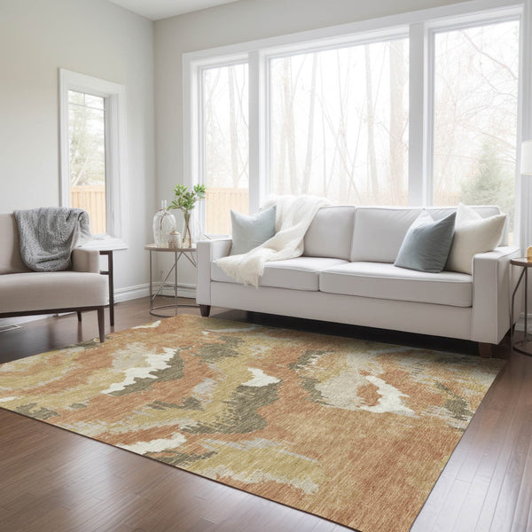 Homeroots 3' Stylish Beige Brown And Ivory Abstract Washable Area Rug For Indoor And Outdoor Spaces 10' X 14' Polyester 590171