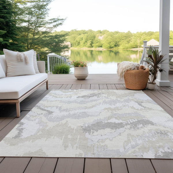 Homeroots 3' Stylish Beige Brown And Ivory Abstract Washable Area Rug For Indoor And Outdoor Spaces 3' X 5' Polyester 590184