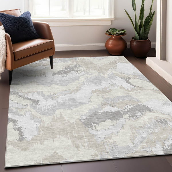 Homeroots 3' Stylish Beige Brown And Ivory Abstract Washable Area Rug For Indoor And Outdoor Spaces 3' X 5' Polyester 590184
