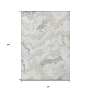 Homeroots 3' Stylish Beige Brown And Ivory Abstract Washable Area Rug For Indoor And Outdoor Spaces 5' X 8' Polyester 590185