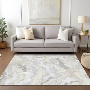 Homeroots 3' Stylish Beige Brown And Ivory Abstract Washable Area Rug For Indoor And Outdoor Spaces 8' X 10' Polyester 590187