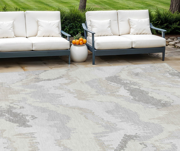 Homeroots 3' Stylish Beige Brown And Ivory Abstract Washable Area Rug For Indoor And Outdoor Spaces 9' X 12' Polyester 590188