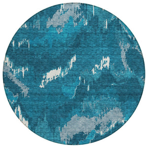 HomeRoots 5' Navy and Teal Abstract Washable Area Rug - Stylish, Durable, Indoor/Outdoor Design for Any Space 8' Round 590192