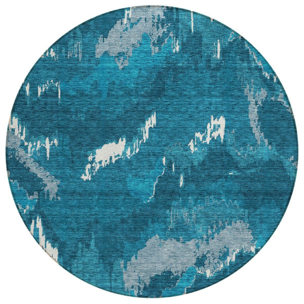 HomeRoots 5' Navy and Teal Abstract Washable Area Rug - Stylish, Durable, Indoor/Outdoor Design for Any Space 8' Round 590192